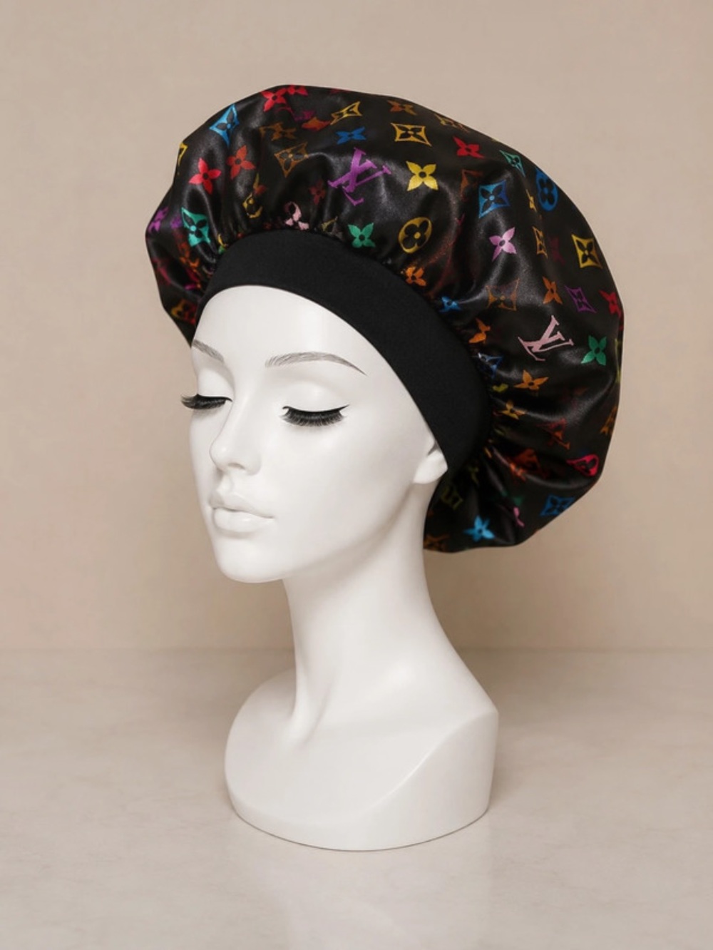 Black Satin Multicolor Monagram & Logo-Print satin multi purpose bonnet.